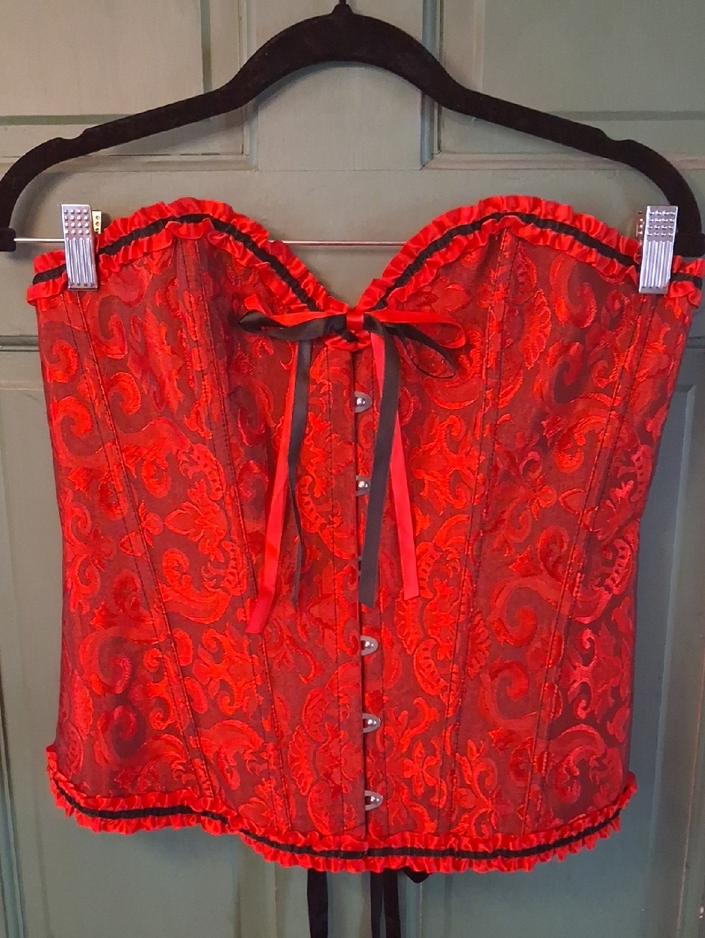 Red Brocade Strapless Corset with Black Ribbon